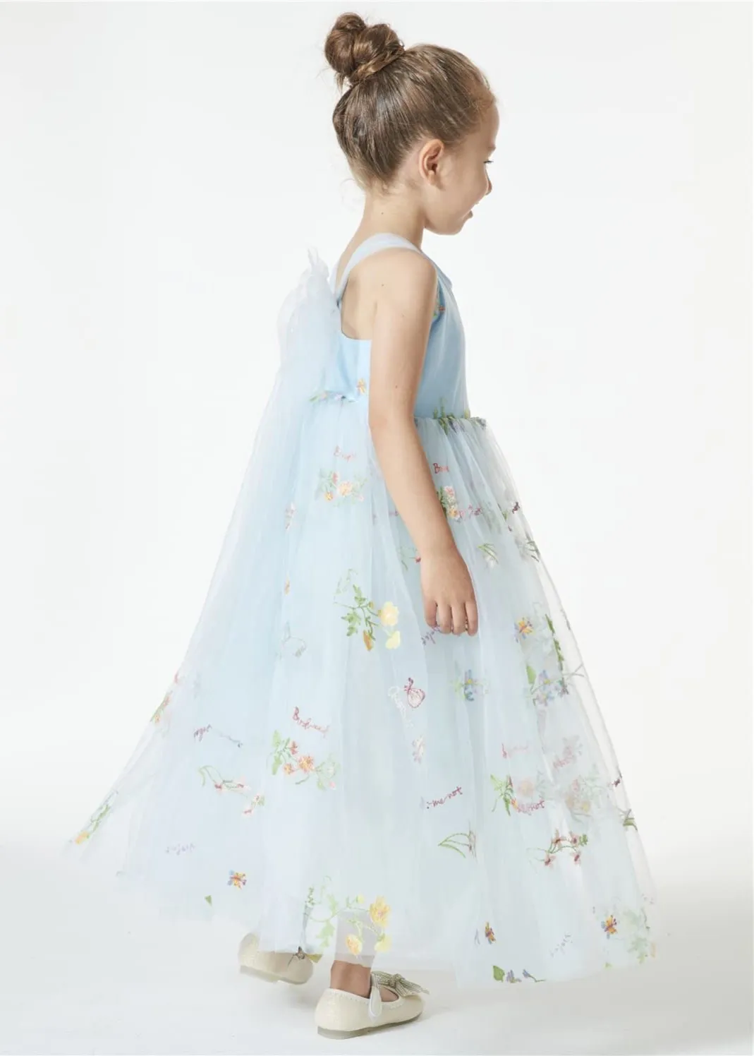 Floral Embroidered Tulle Strap Girl Dress in Blue