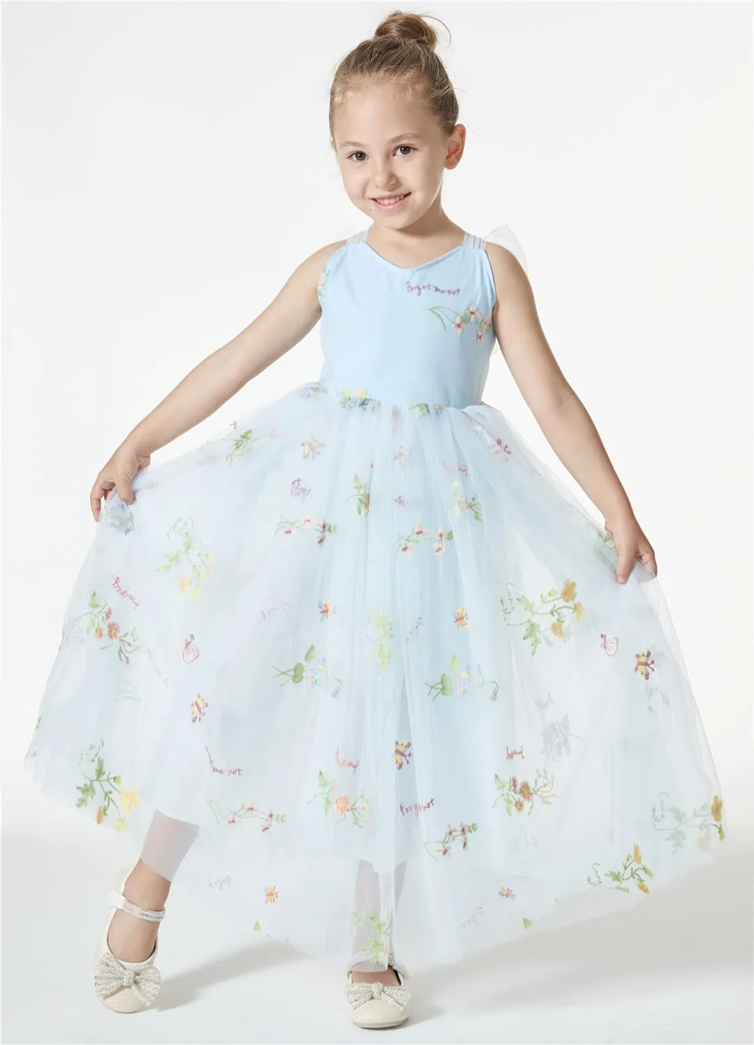 Floral Embroidered Tulle Strap Girl Dress in Blue