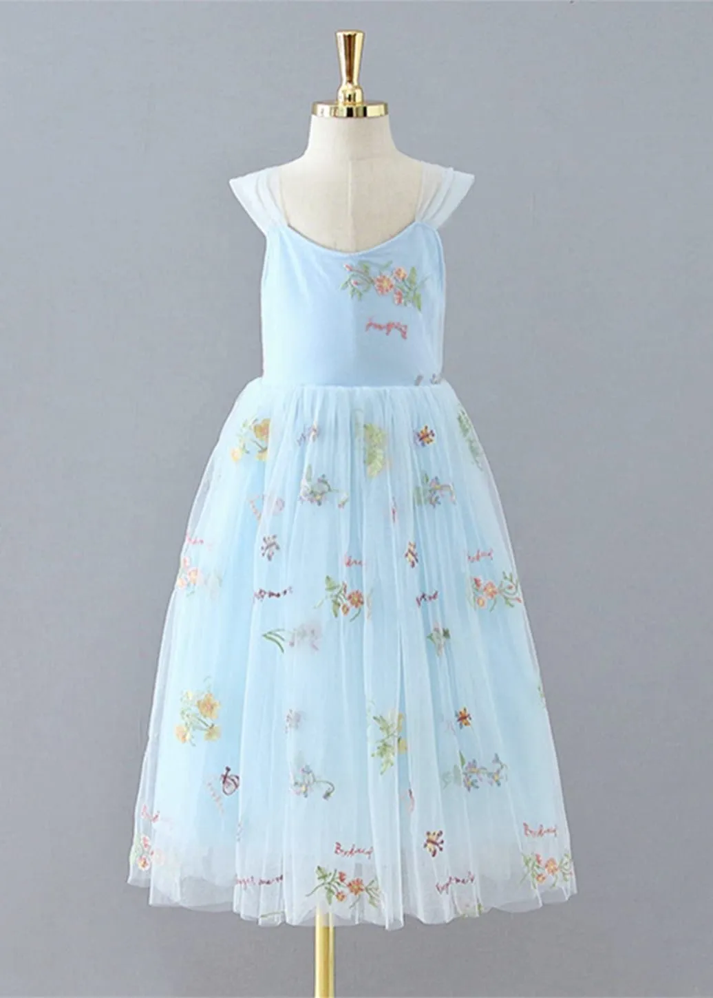Floral Embroidered Tulle Strap Girl Dress in Blue
