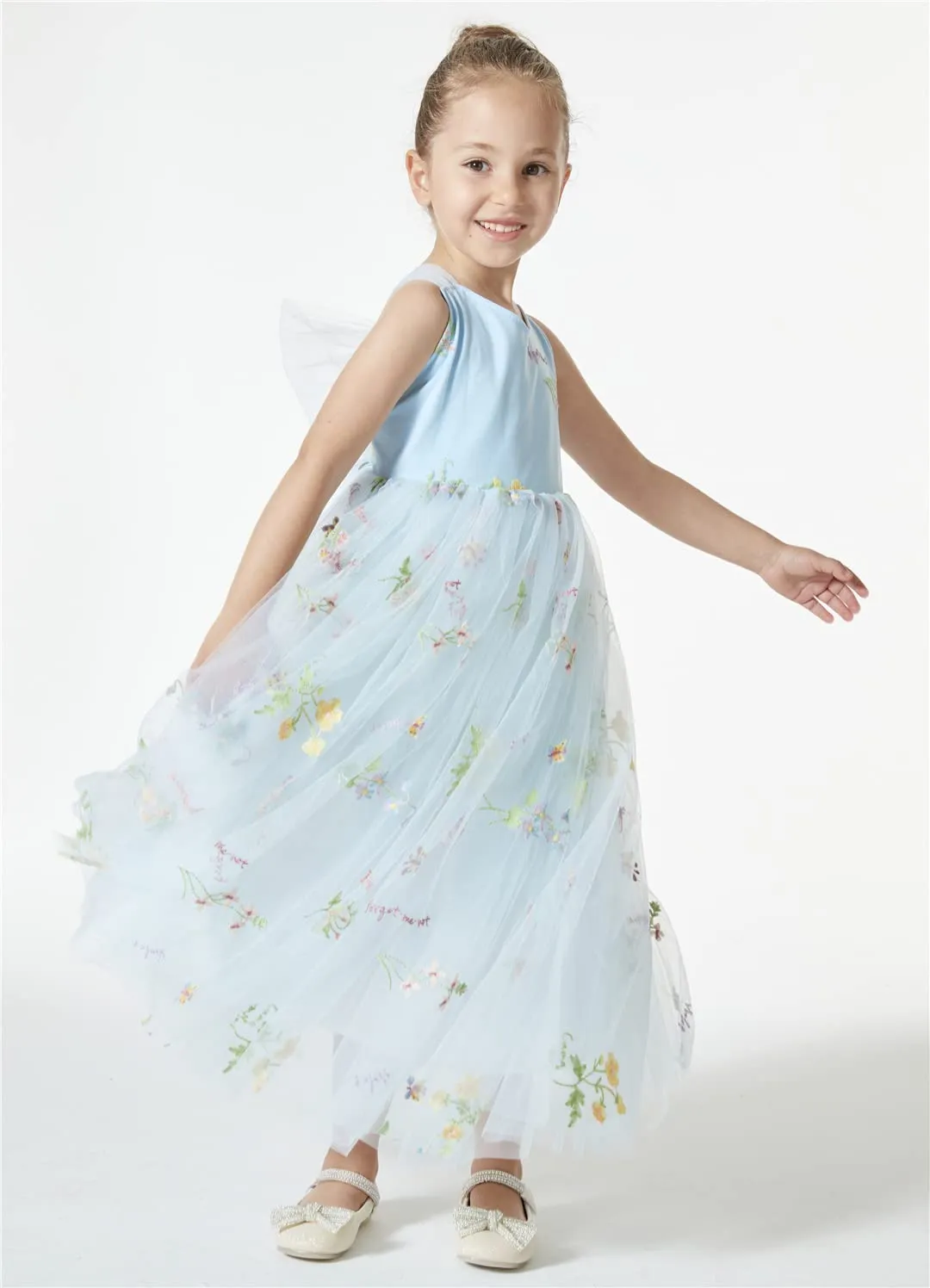 Floral Embroidered Tulle Strap Girl Dress in Blue