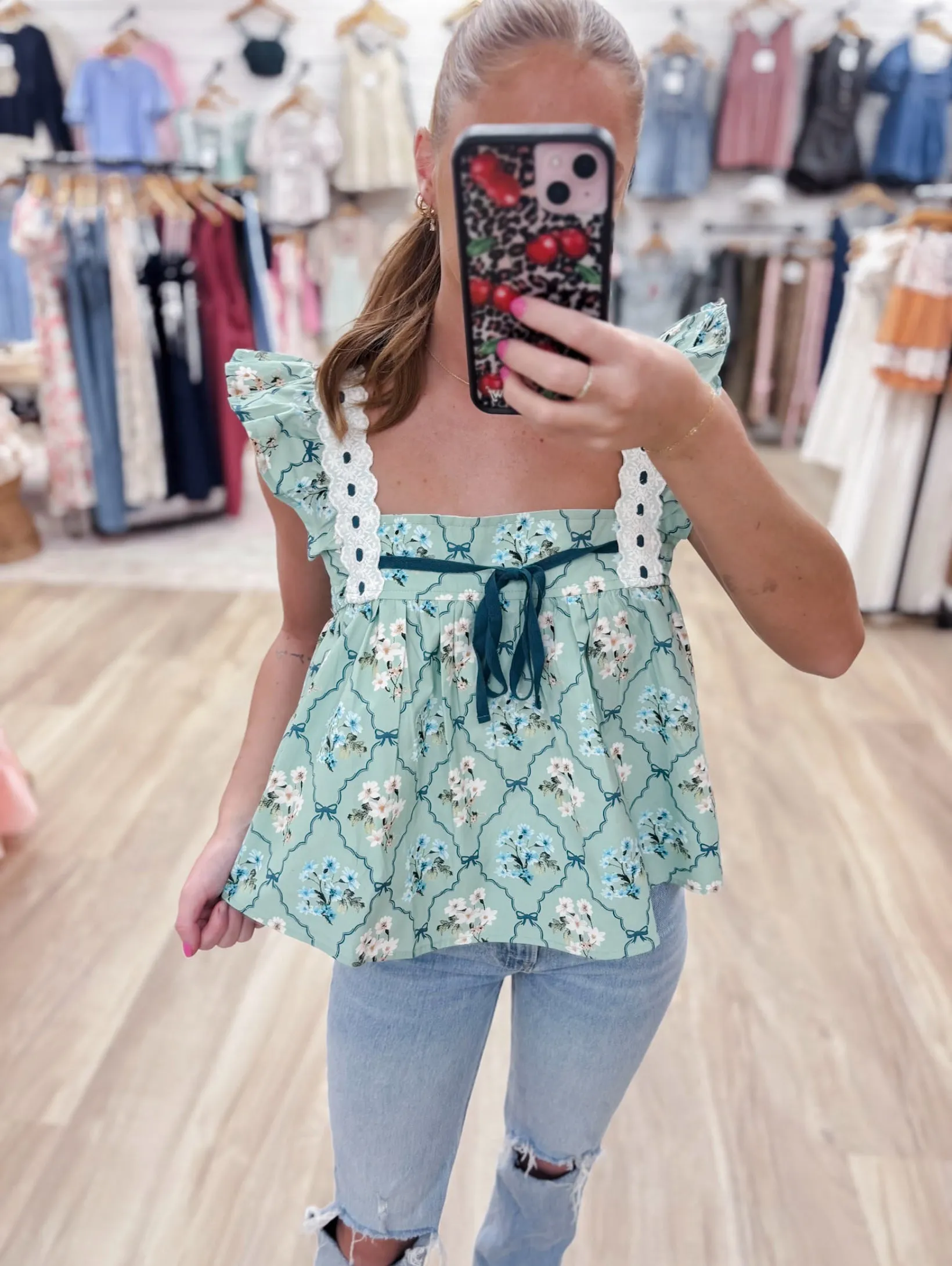 Floral Smocked Babydoll Sage Top