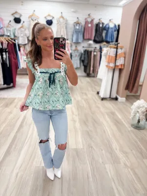 Floral Smocked Babydoll Sage Top
