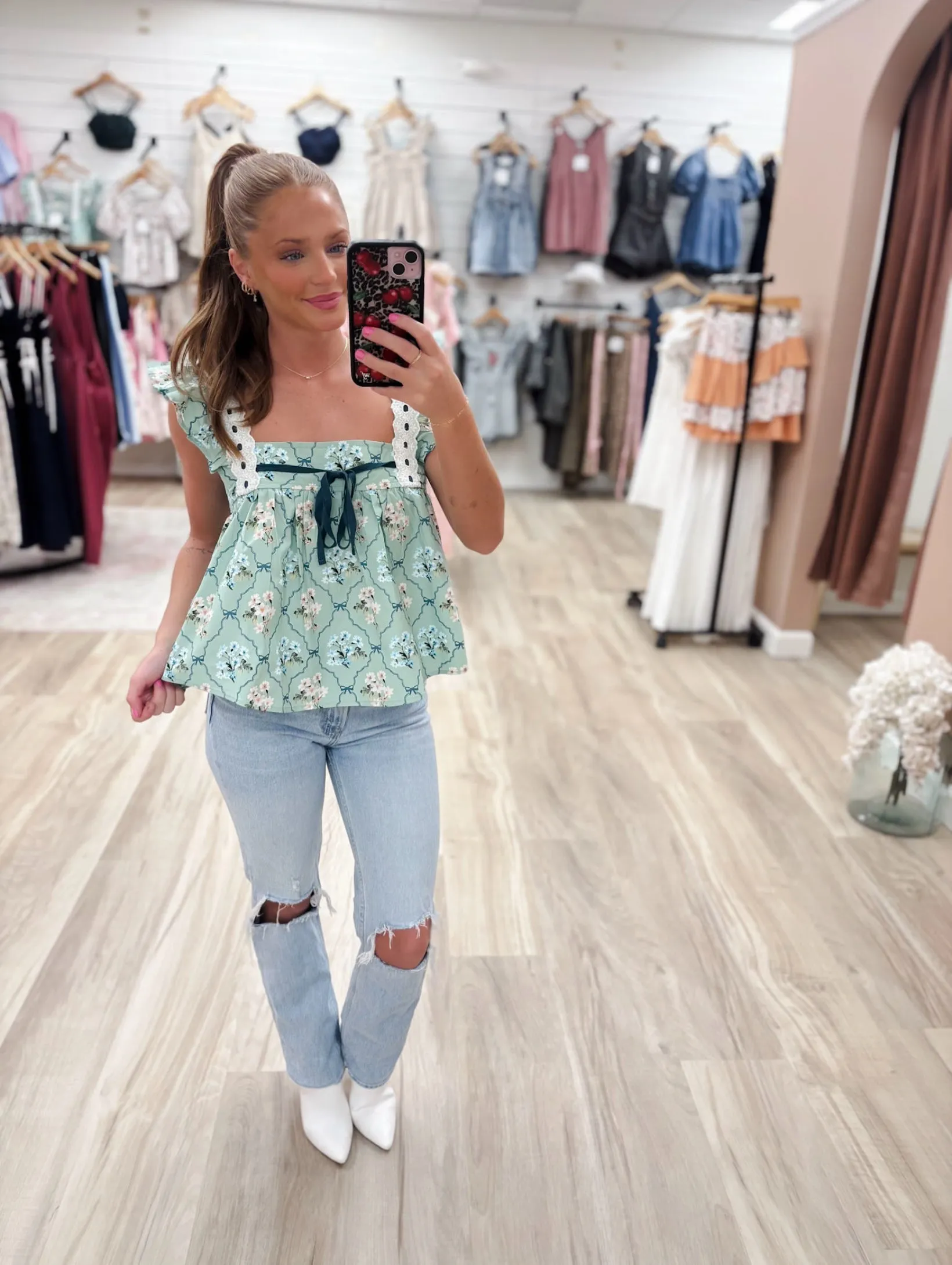 Floral Smocked Babydoll Sage Top