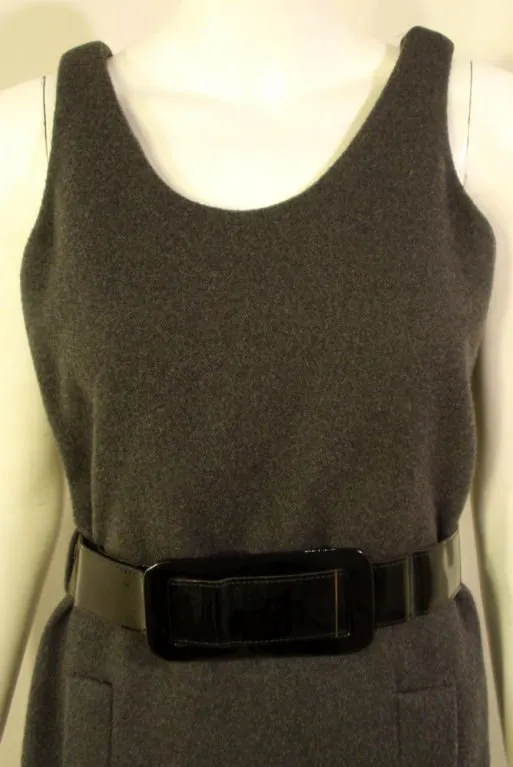 GEOFFREY BEENE 1960s Gray Wool Shift Dress, Black Belt