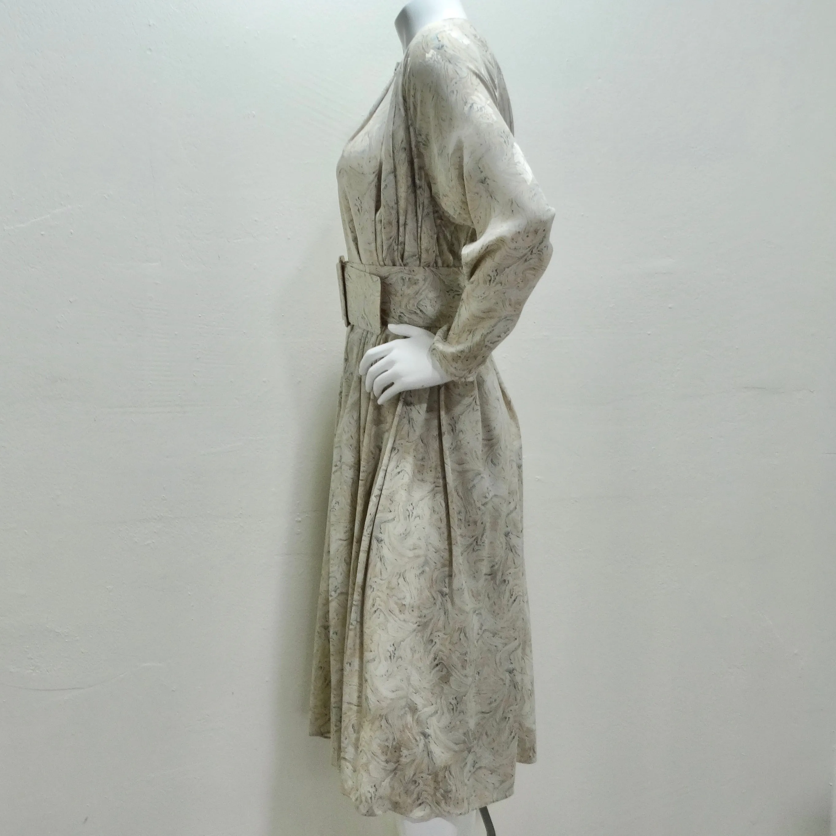 Geoffrey Beene 1980s Marble Print Belted Duster Dress
