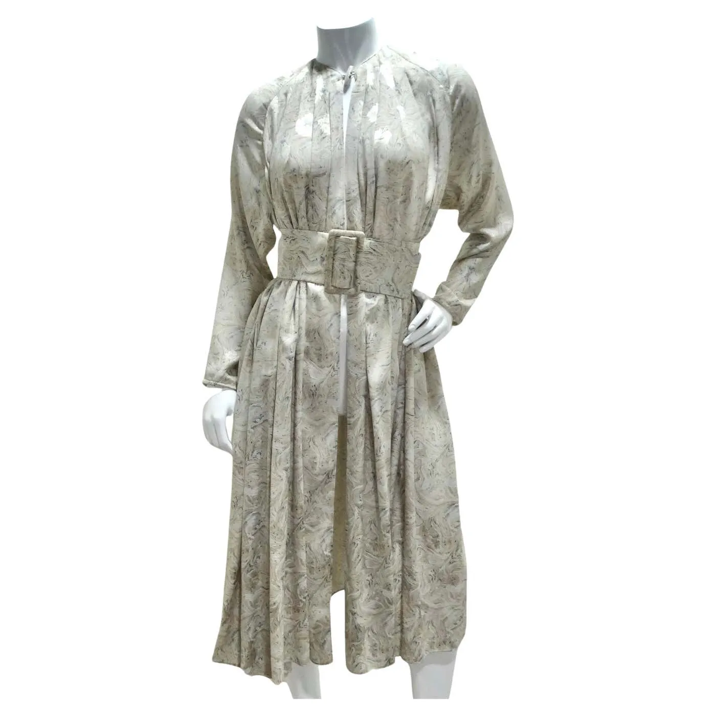 Geoffrey Beene 1980s Marble Print Belted Duster Dress