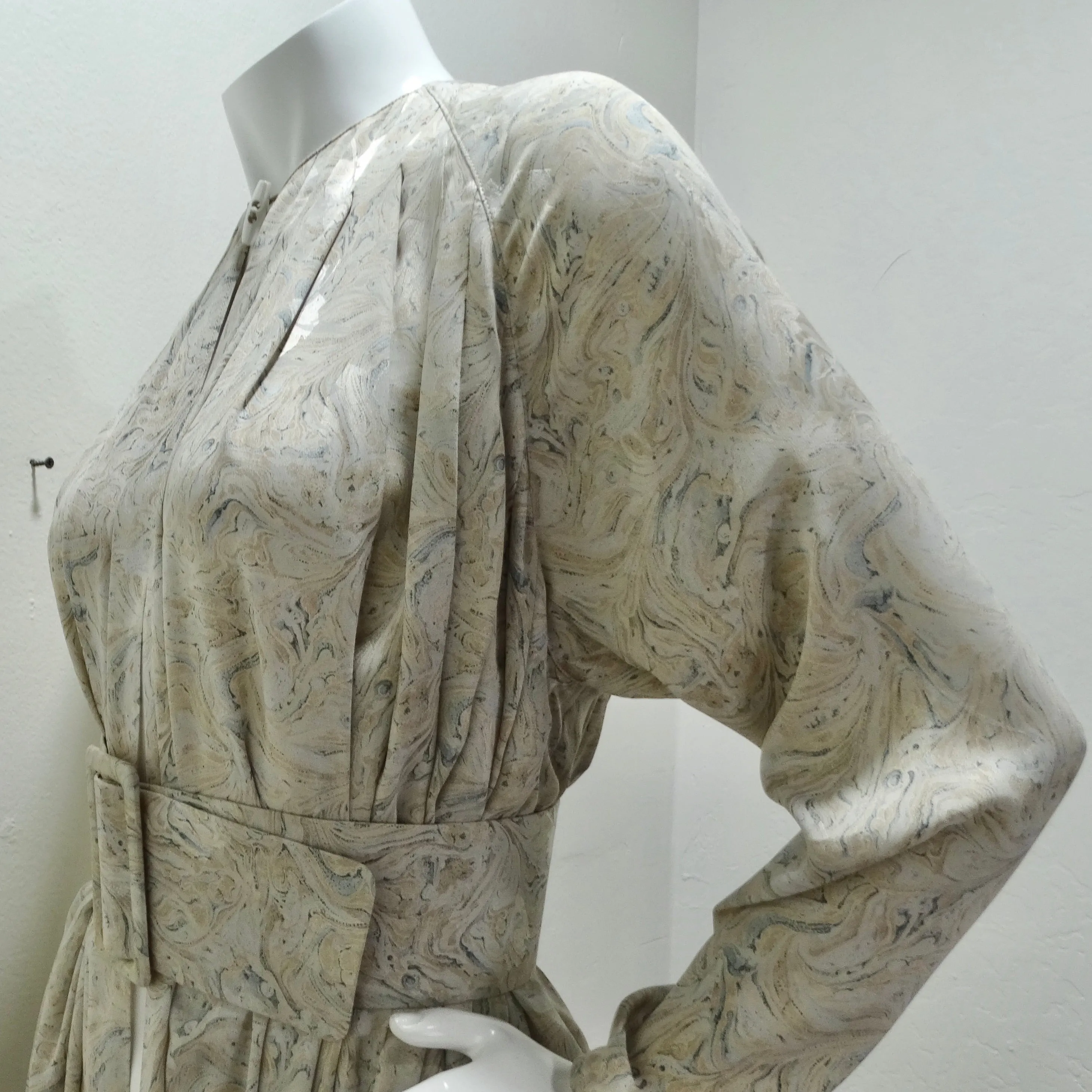 Geoffrey Beene 1980s Marble Print Belted Duster Dress