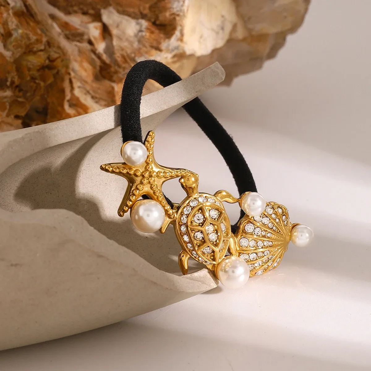 Glossy Starfish, Turtle & Scallop Pearl Hair Rope - Black Rubber Hairbands