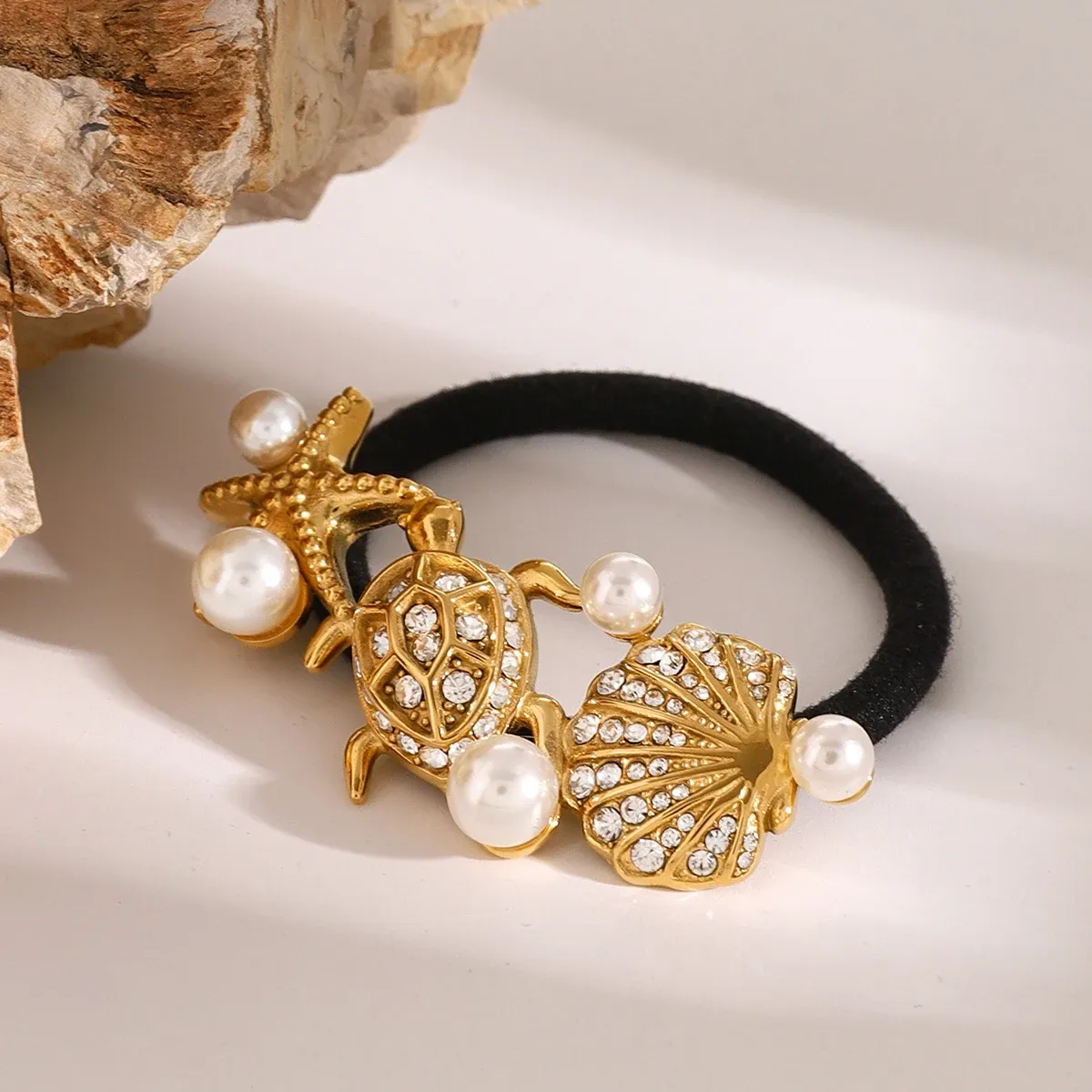 Glossy Starfish, Turtle & Scallop Pearl Hair Rope - Black Rubber Hairbands
