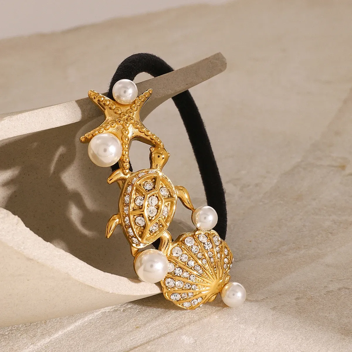 Glossy Starfish, Turtle & Scallop Pearl Hair Rope - Black Rubber Hairbands