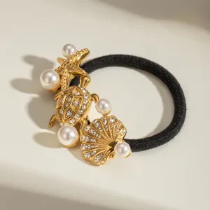 Glossy Starfish, Turtle & Scallop Pearl Hair Rope - Black Rubber Hairbands