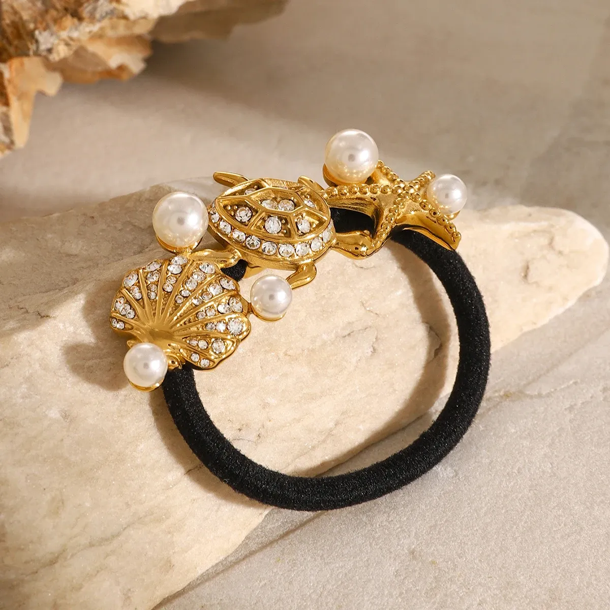 Glossy Starfish, Turtle & Scallop Pearl Hair Rope - Black Rubber Hairbands