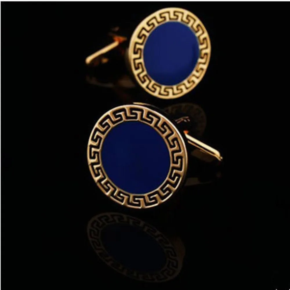 Gold & Blue Mens Stainless Steel Circles Cufflinks for Shirt with Box - Hand Crafted Perfect Gift