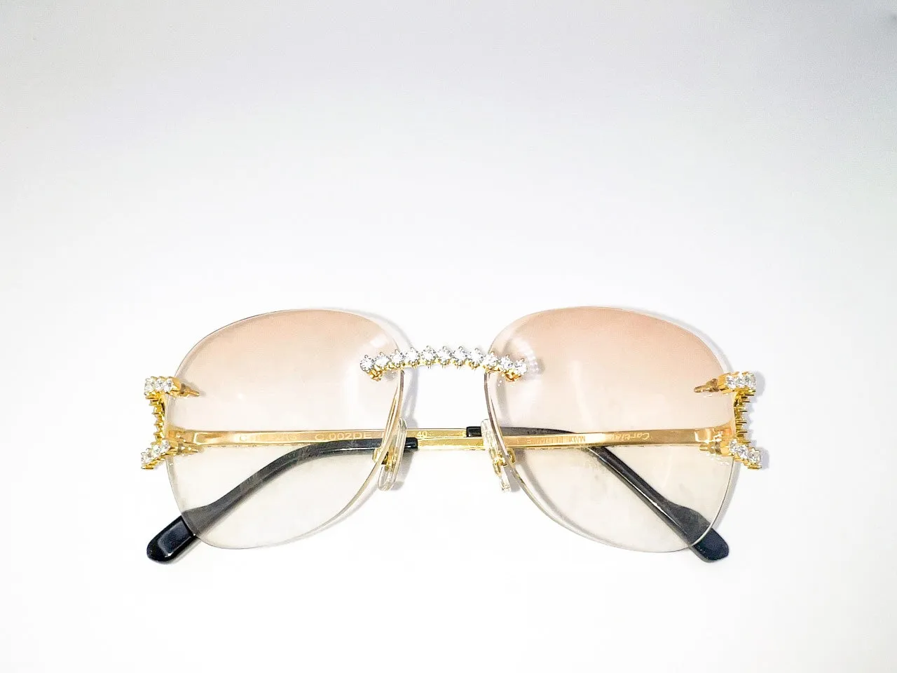 Gold Big C with Full Prong Set Mossinate Diamond Indigo transition brown lenses