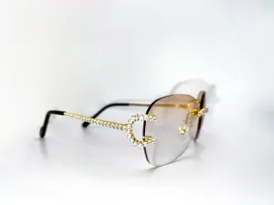 Gold Big C with Full Prong Set Mossinate Diamond Indigo transition brown lenses