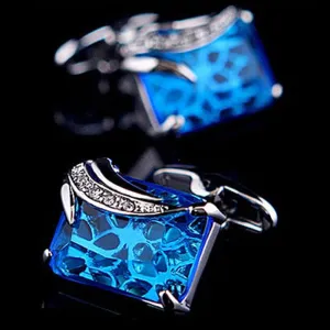 Gold   Light Blue Mens Stainless Steel Squares Cufflinks for Shirt with Box - Hand Crafted Perfect