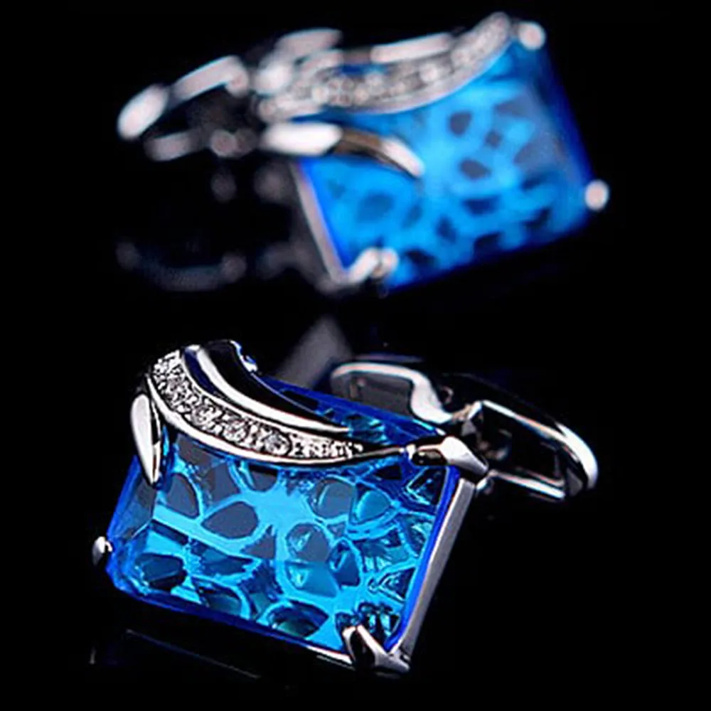 Gold   Light Blue Mens Stainless Steel Squares Cufflinks for Shirt with Box - Hand Crafted Perfect