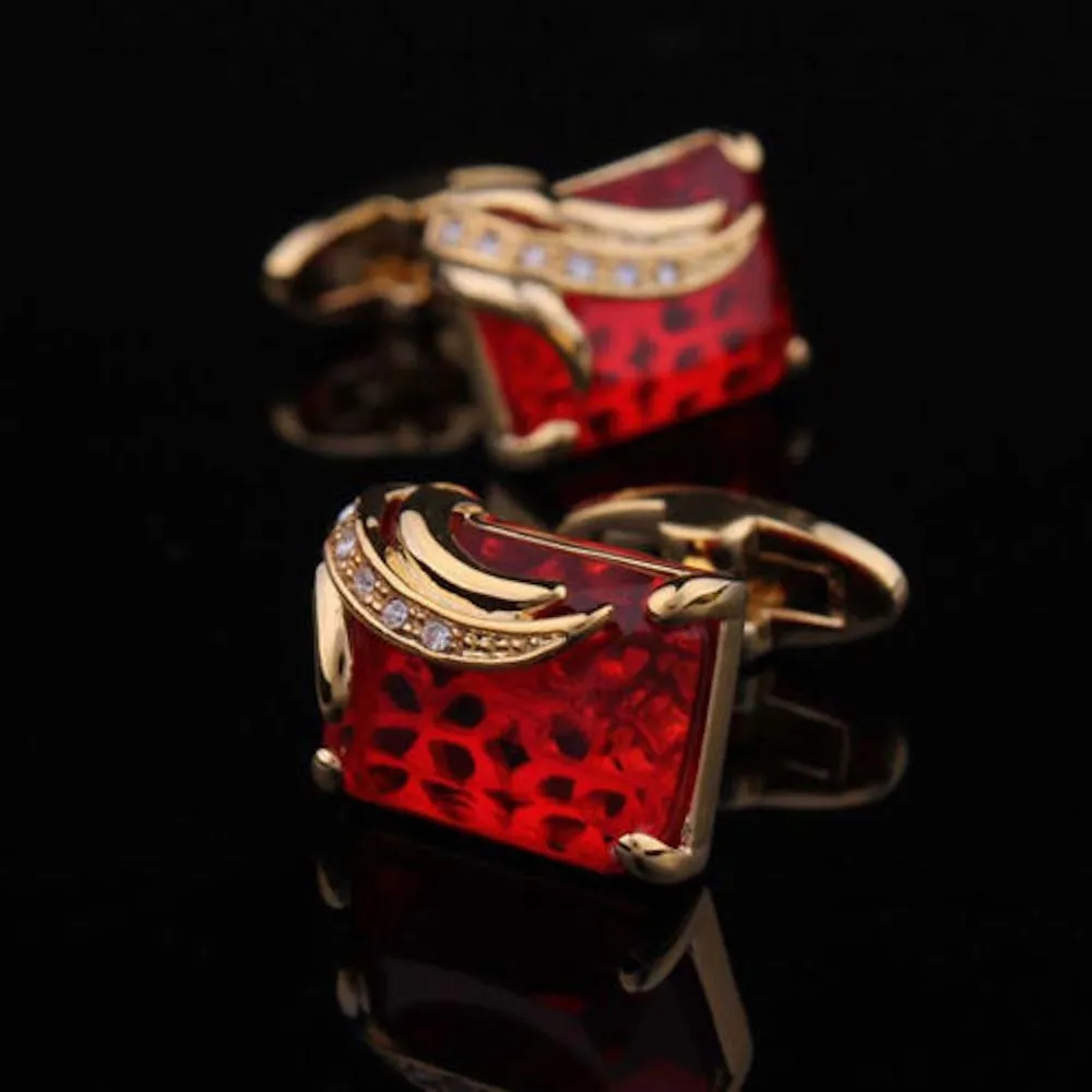 Gold   Red Mens Stainless Steel Squares Cufflinks for Shirt with Box - Hand Crafted Perfect Gift