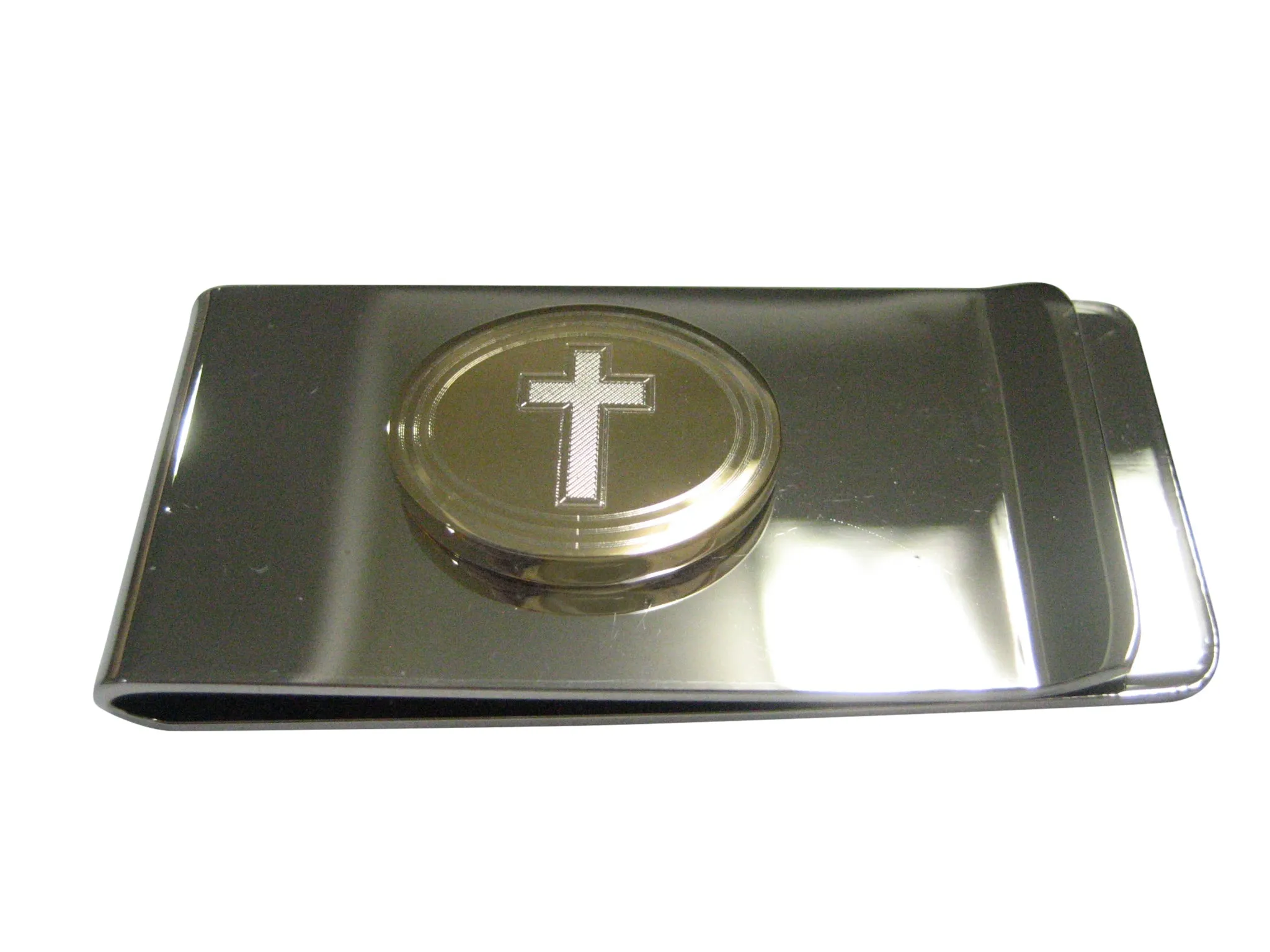 Gold Toned Etched Oval Religious Cross Money Clip