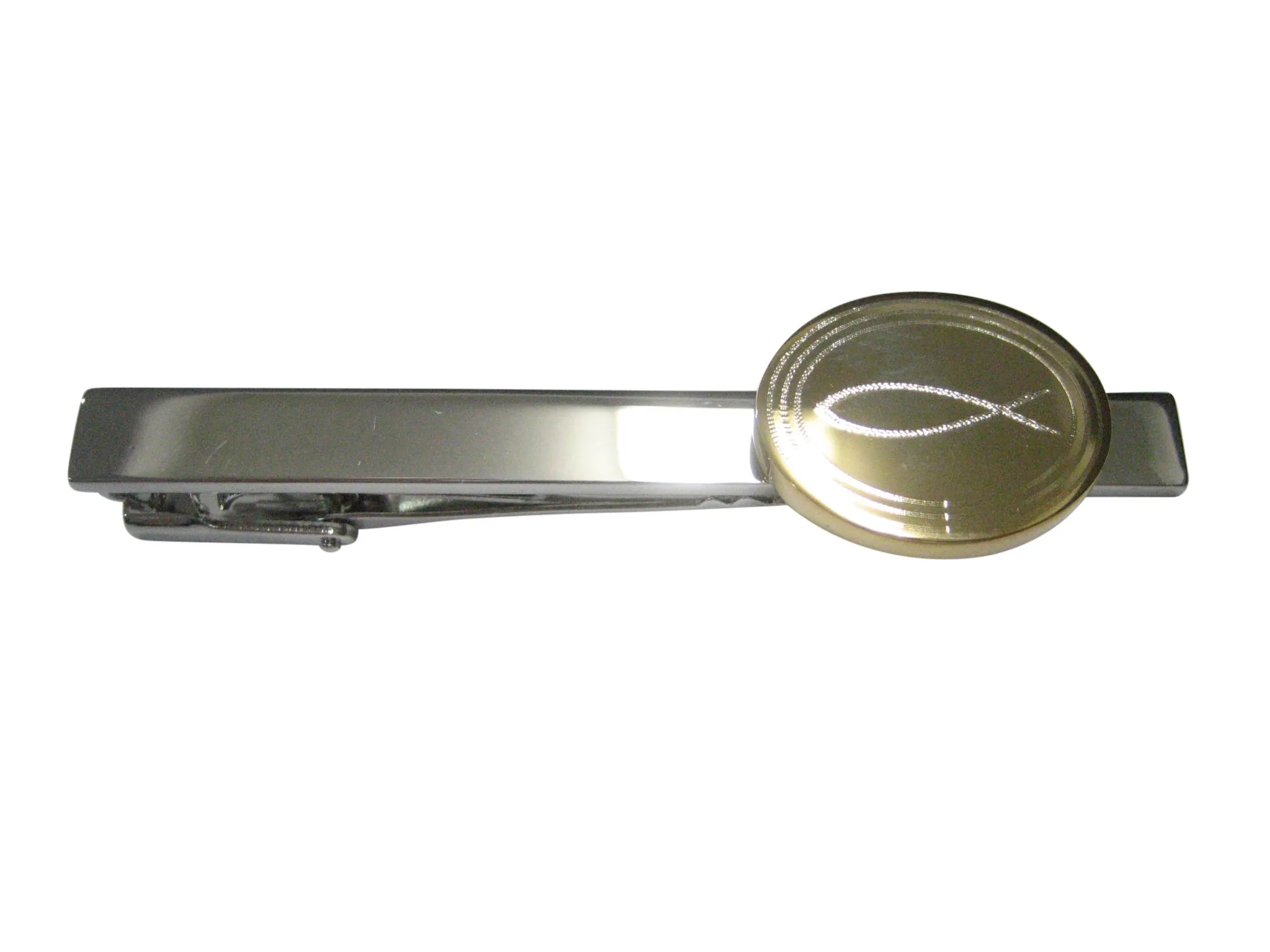 Gold Toned Etched Oval Religious Ichthys Fish Tie Clip