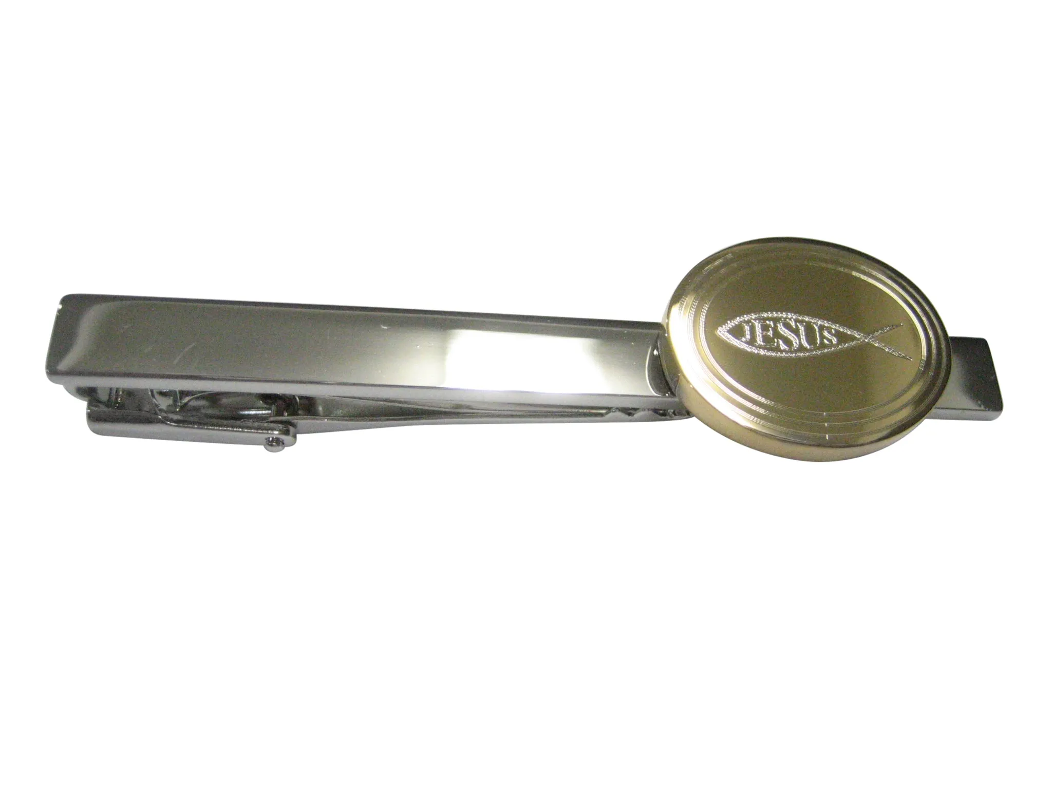 Gold Toned Etched Oval Religious Ichthys Jesus Fish Tie Clip