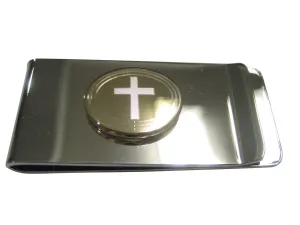 Gold Toned Etched Oval Thick Religious Cross Money Clip