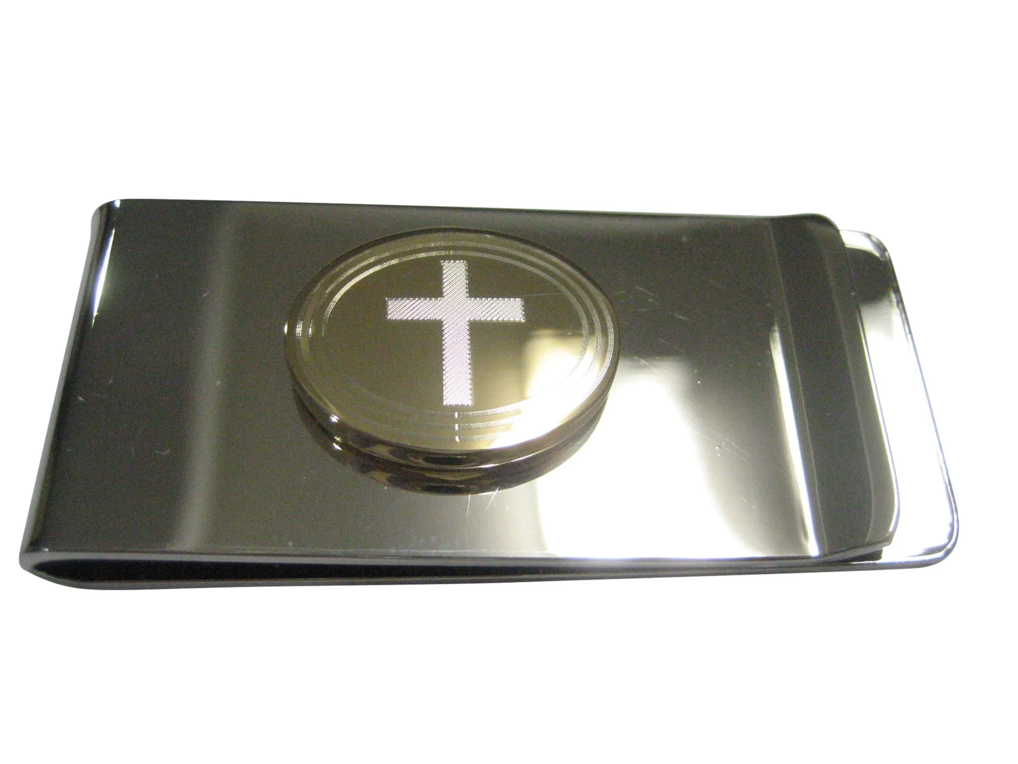 Gold Toned Etched Oval Thick Religious Cross Money Clip