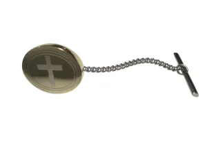 Gold Toned Etched Oval Thick Religious Cross Tie Tack