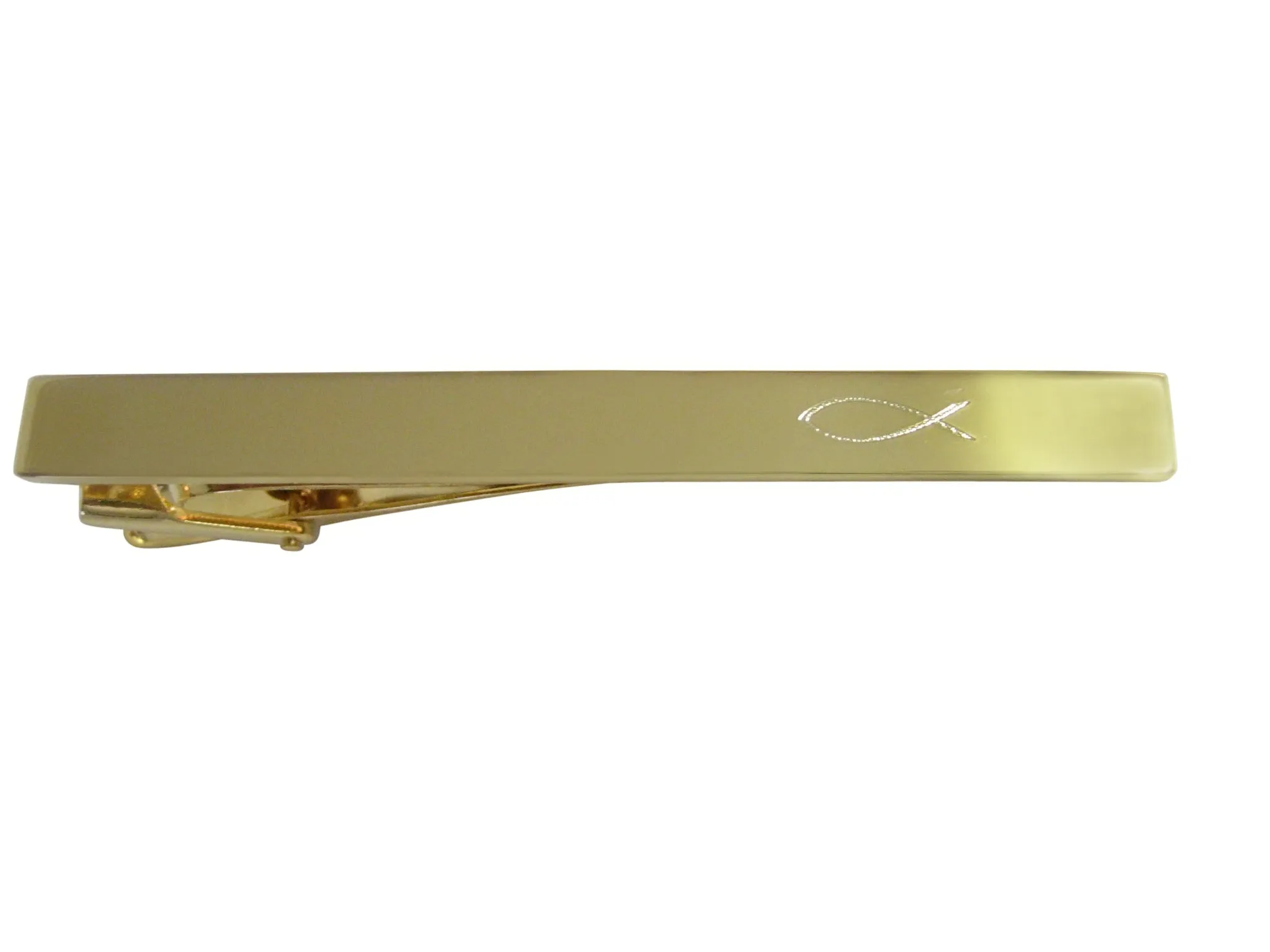 Gold Toned Etched Religious Ichthys Fish Square Tie Clip