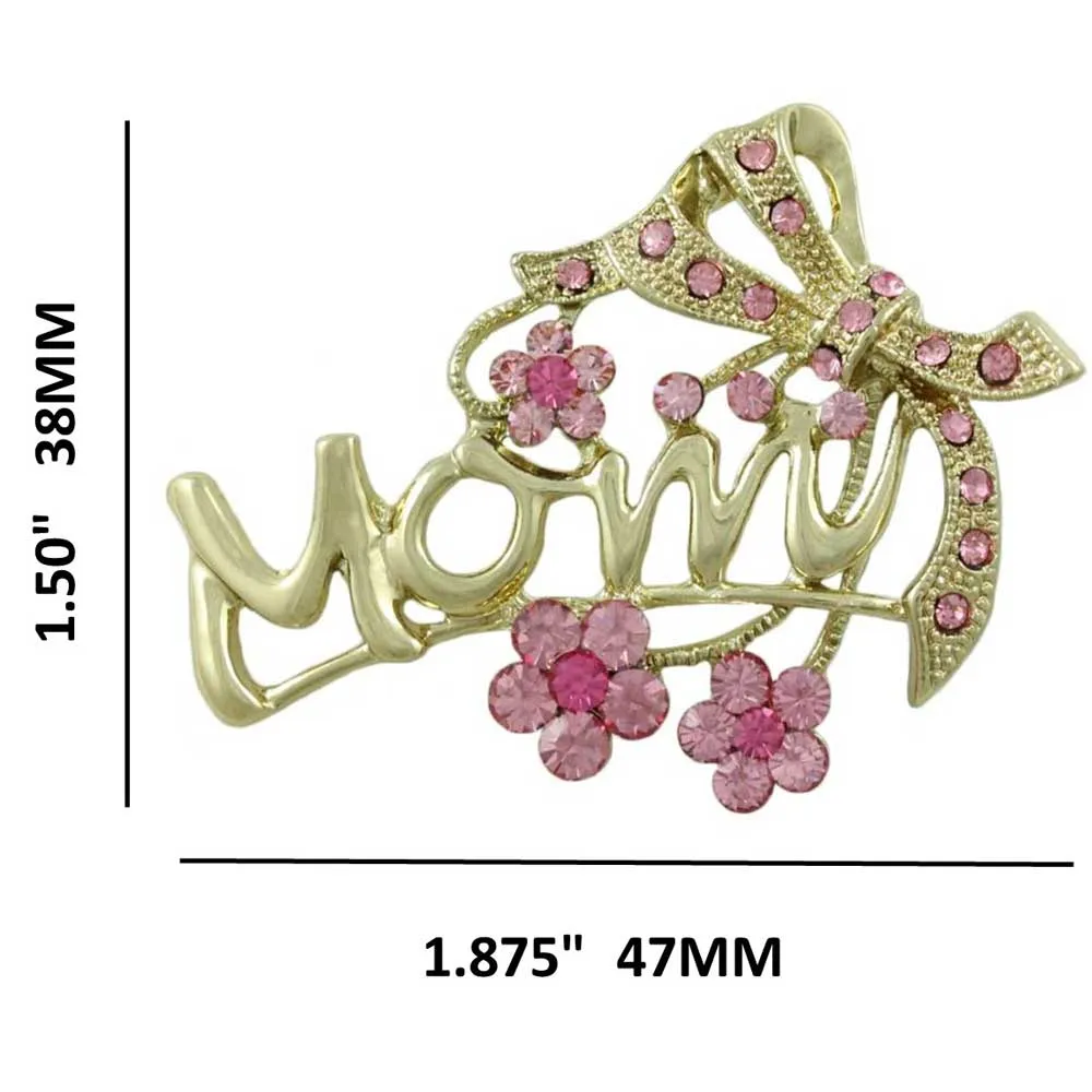 Gold with Pink Crystal Flowers and Bow MOM Brooch Pin - PRF324
