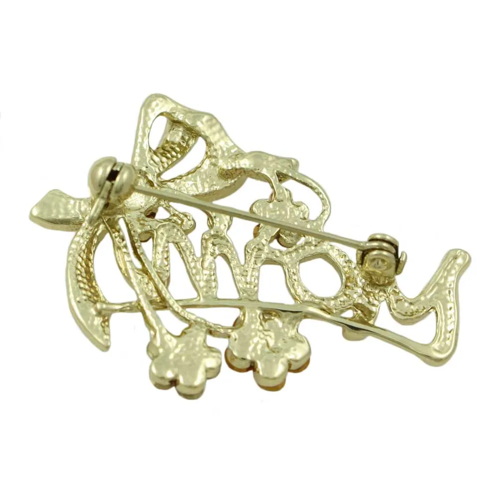 Gold with Pink Crystal Flowers and Bow MOM Brooch Pin - PRF324