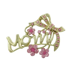 Gold with Pink Crystal Flowers and Bow MOM Brooch Pin - PRF324