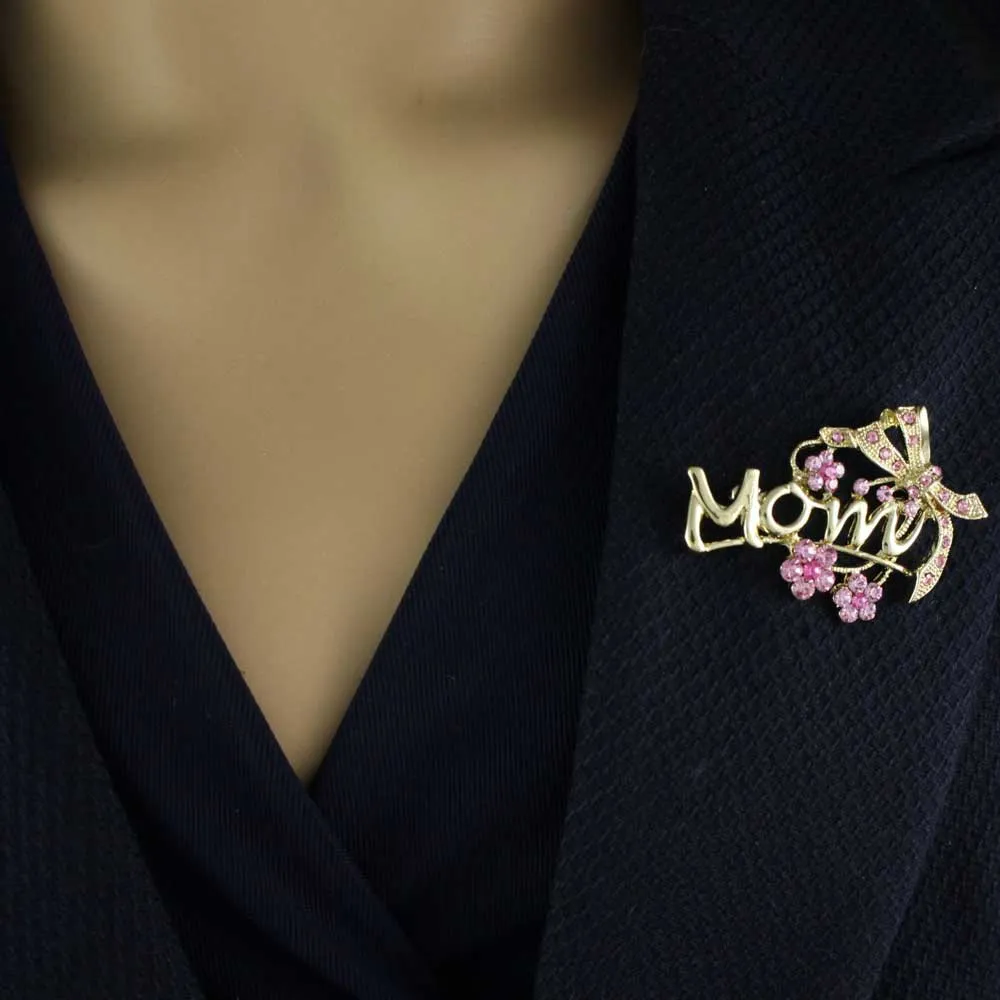 Gold with Pink Crystal Flowers and Bow MOM Brooch Pin - PRF324