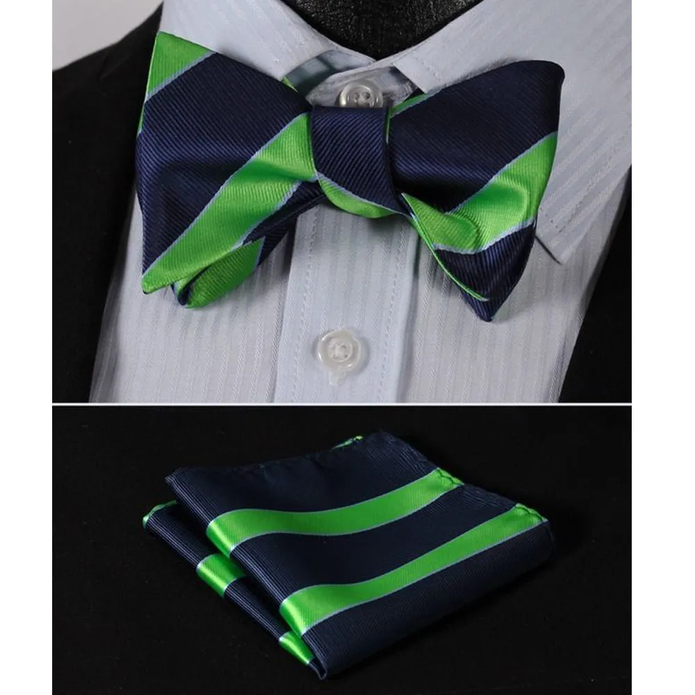 Green Blue Mens Silk Self tie Bow Tie with Pocket Squares Set