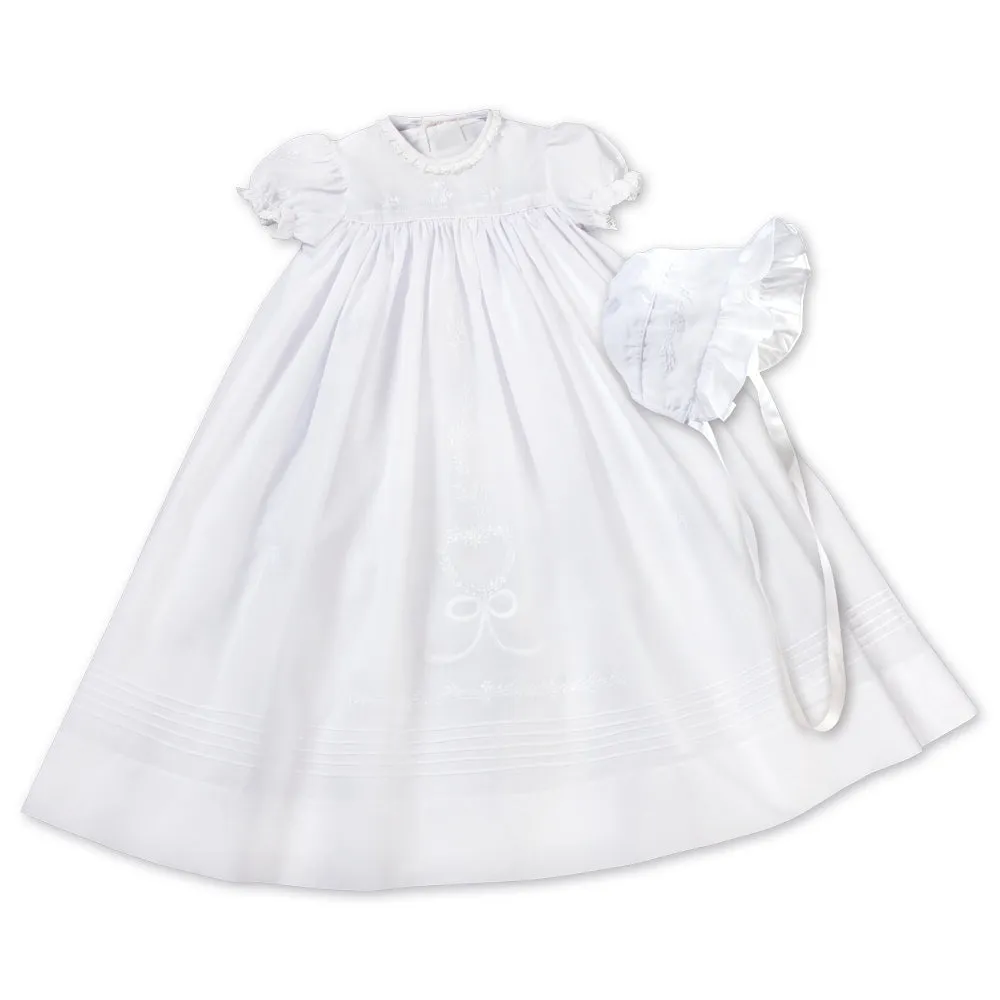 Heart & Bow White Christening Gown with Bonnet & Slip