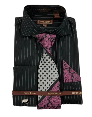 Henri Picard Pinstripe Regular Fit Dress Shirt Combo - Black