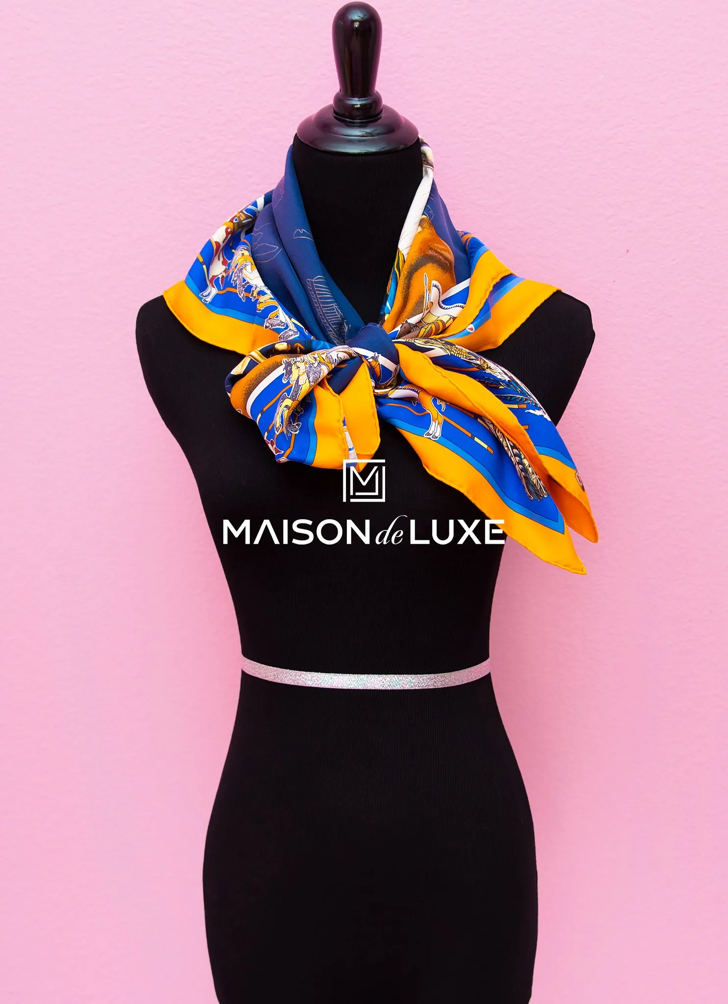 Hermes "Pani La Shar Pawnee" Blue Wash Twill Silk 90 cm Scarf