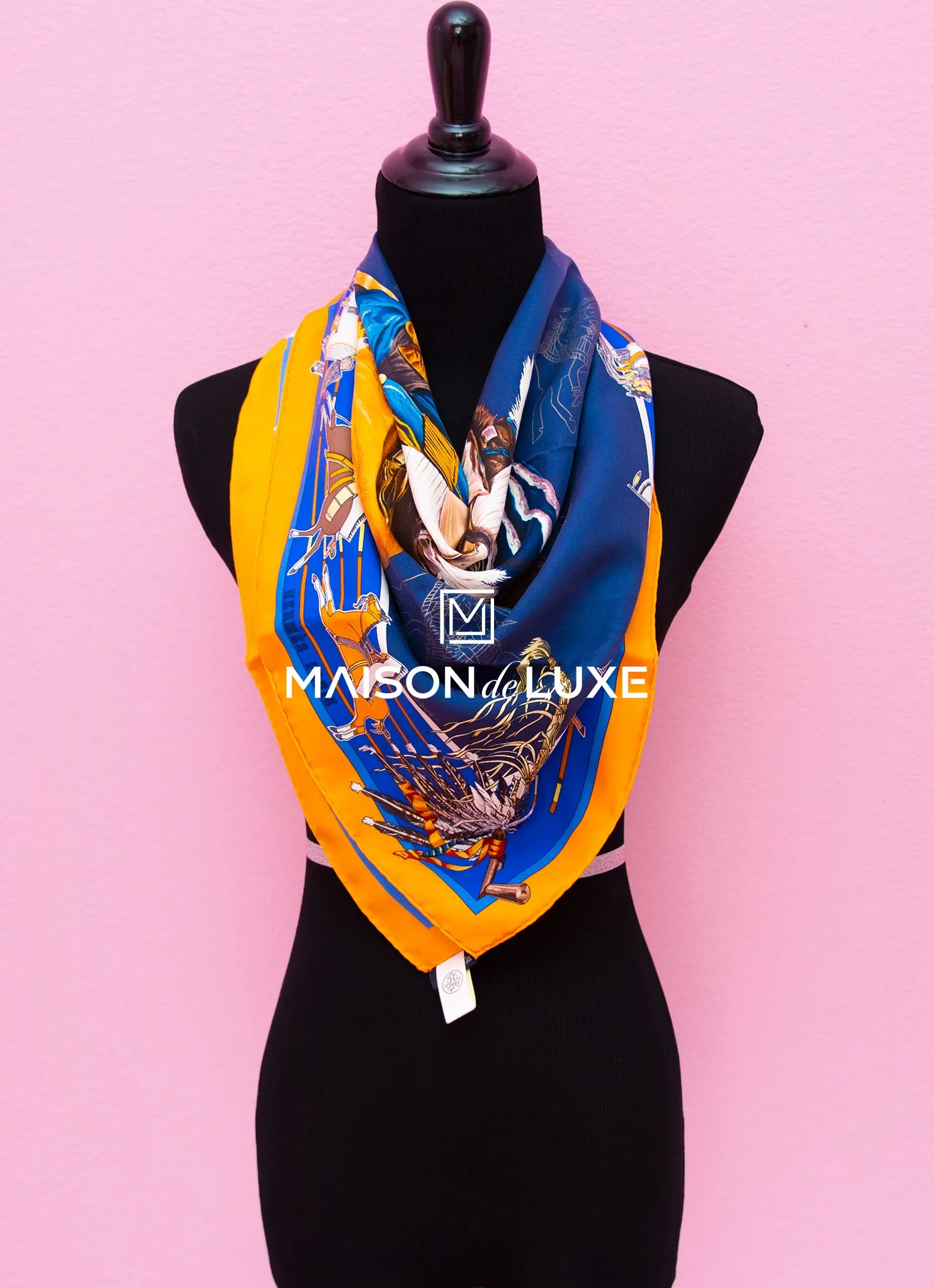 Hermes "Pani La Shar Pawnee" Blue Wash Twill Silk 90 cm Scarf
