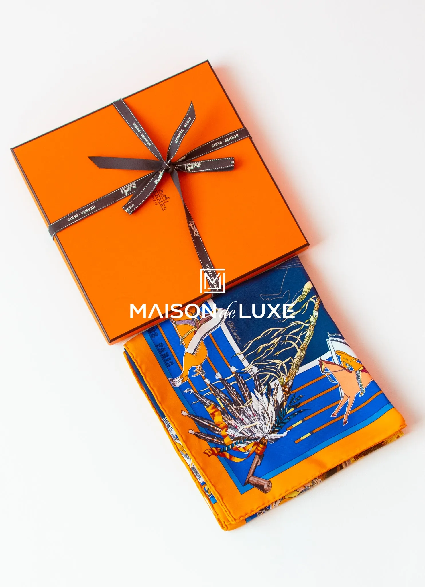 Hermes "Pani La Shar Pawnee" Blue Wash Twill Silk 90 cm Scarf