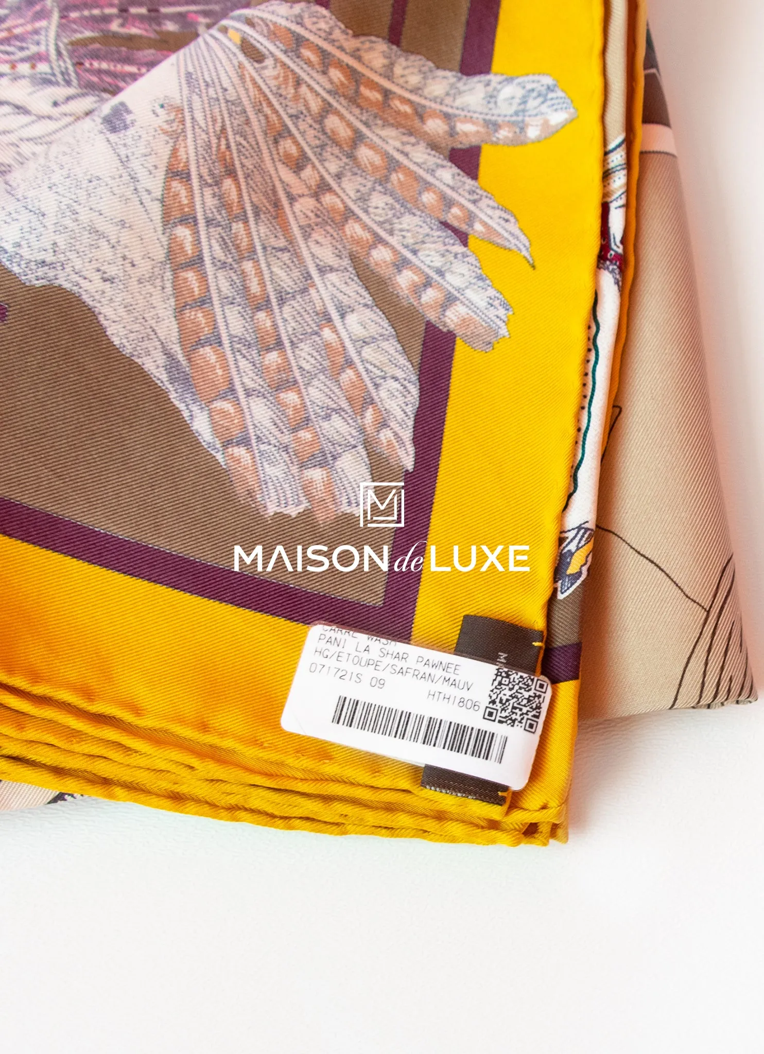 Hermes "Pani La Shar Pawnee" Etoupe Wash Twill Silk 90 cm Scarf