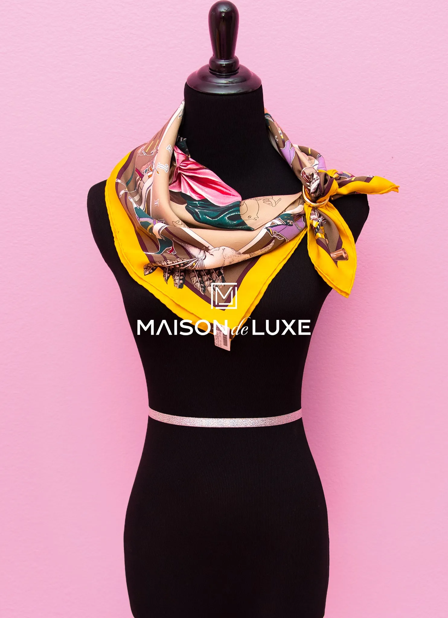 Hermes "Pani La Shar Pawnee" Etoupe Wash Twill Silk 90 cm Scarf