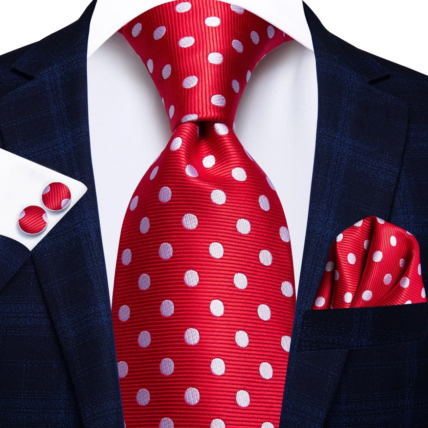 Hi-Tie Navy Blue Red Dot Silk Wedding Tie For Men Hanky Cufflink Mens Gift Tie Set Business Party Dropshipping Fashion Designer