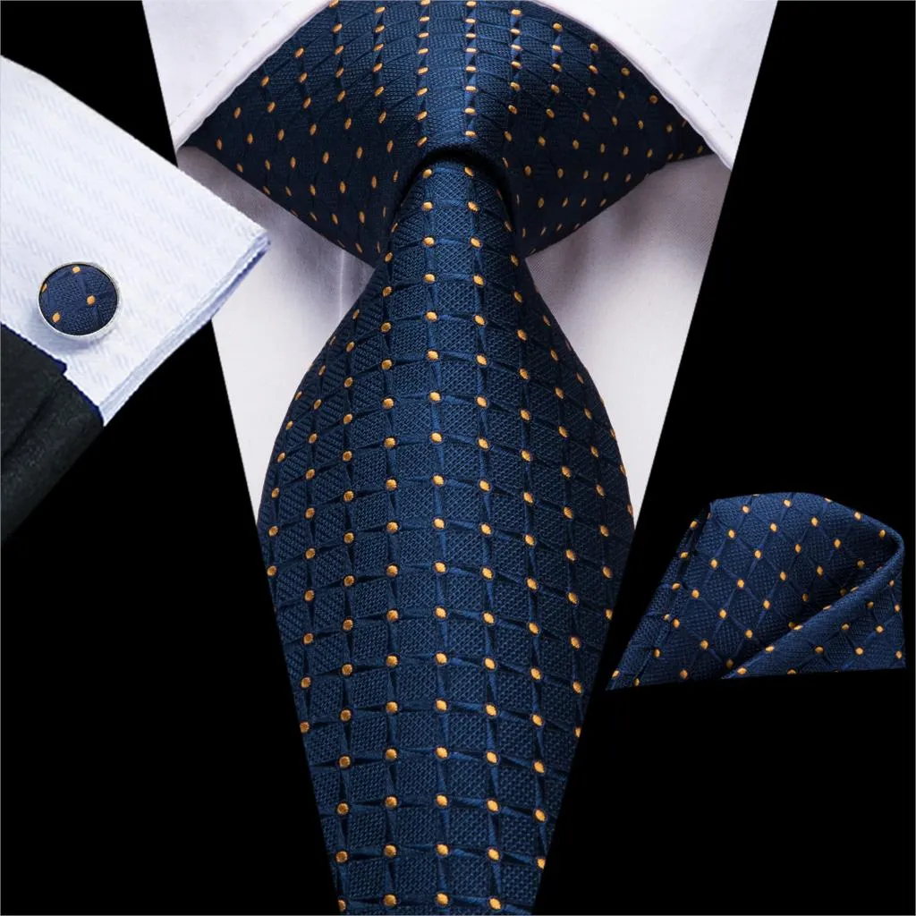 Hi-Tie Navy Blue Red Dot Silk Wedding Tie For Men Hanky Cufflink Mens Gift Tie Set Business Party Dropshipping Fashion Designer