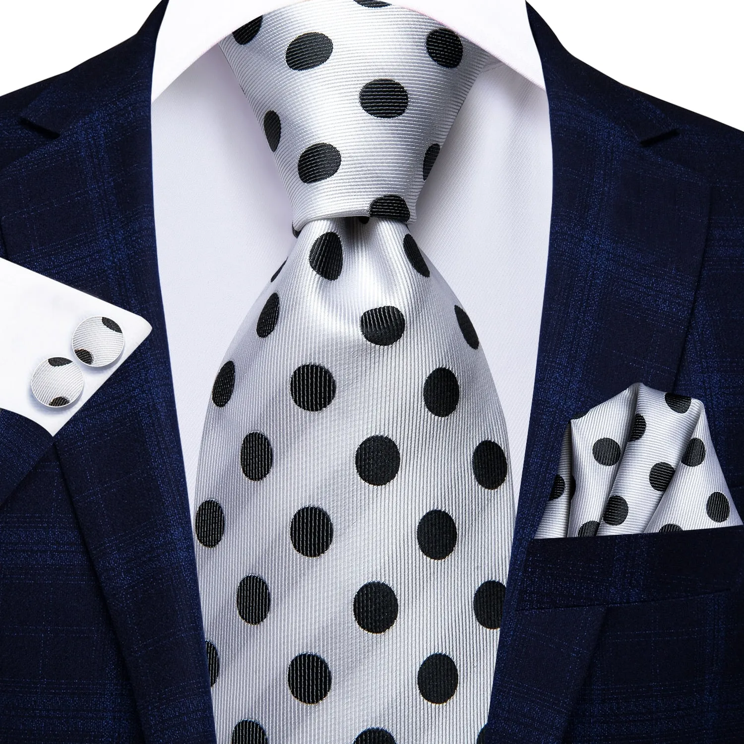 Hi-Tie Navy Blue Red Dot Silk Wedding Tie For Men Hanky Cufflink Mens Gift Tie Set Business Party Dropshipping Fashion Designer