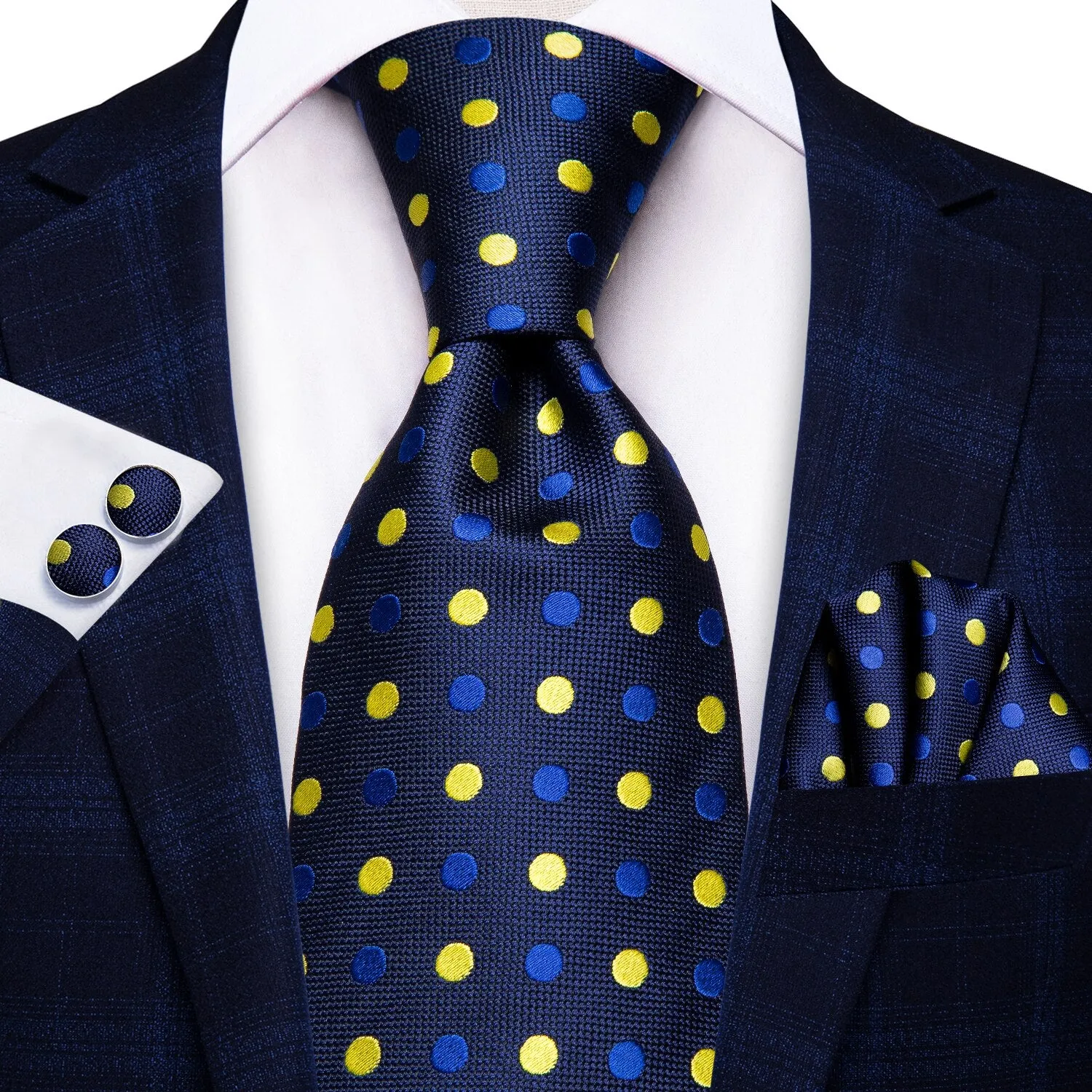 Hi-Tie Navy Blue Red Dot Silk Wedding Tie For Men Hanky Cufflink Mens Gift Tie Set Business Party Dropshipping Fashion Designer