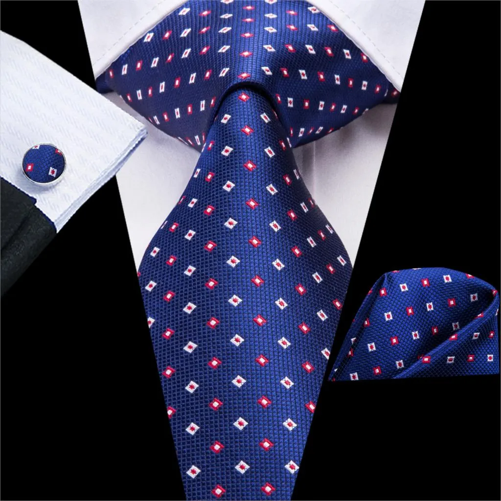 Hi-Tie Navy Blue Red Dot Silk Wedding Tie For Men Hanky Cufflink Mens Gift Tie Set Business Party Dropshipping Fashion Designer