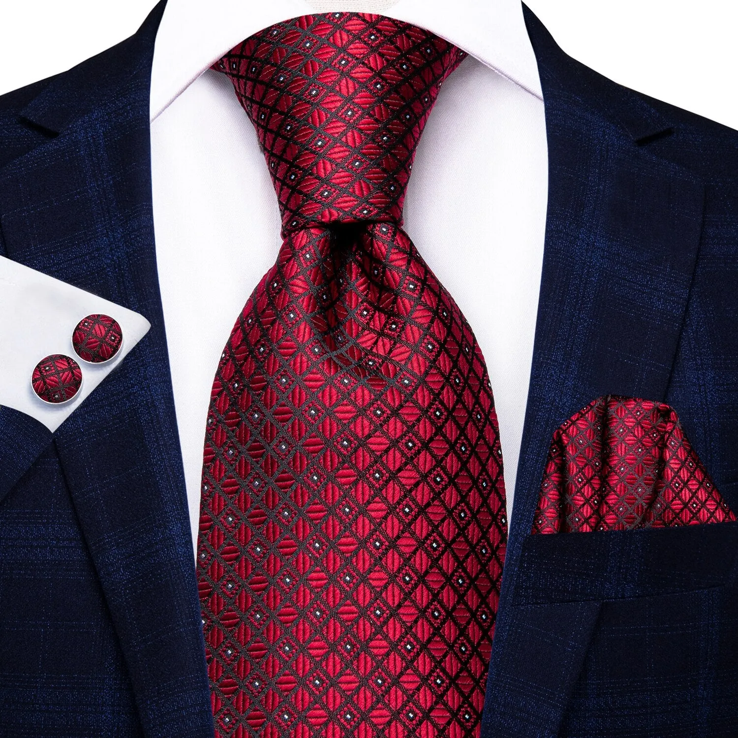 Hi-Tie Navy Blue Red Dot Silk Wedding Tie For Men Hanky Cufflink Mens Gift Tie Set Business Party Dropshipping Fashion Designer
