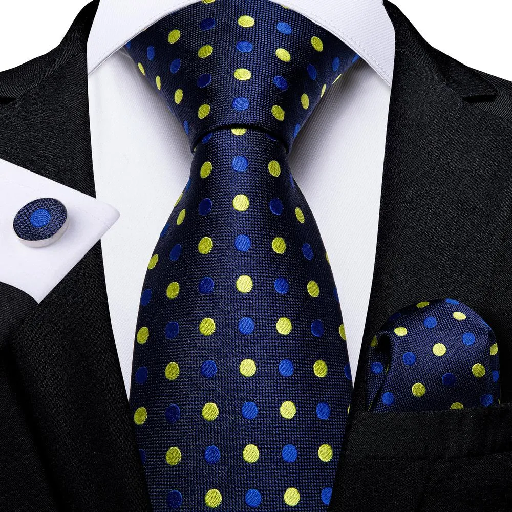 Hi-Tie Navy Blue Red Dot Silk Wedding Tie For Men Hanky Cufflink Mens Gift Tie Set Business Party Dropshipping Fashion Designer