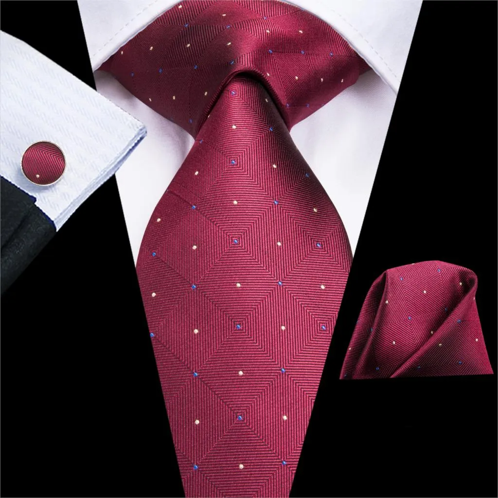 Hi-Tie Navy Blue Red Dot Silk Wedding Tie For Men Hanky Cufflink Mens Gift Tie Set Business Party Dropshipping Fashion Designer