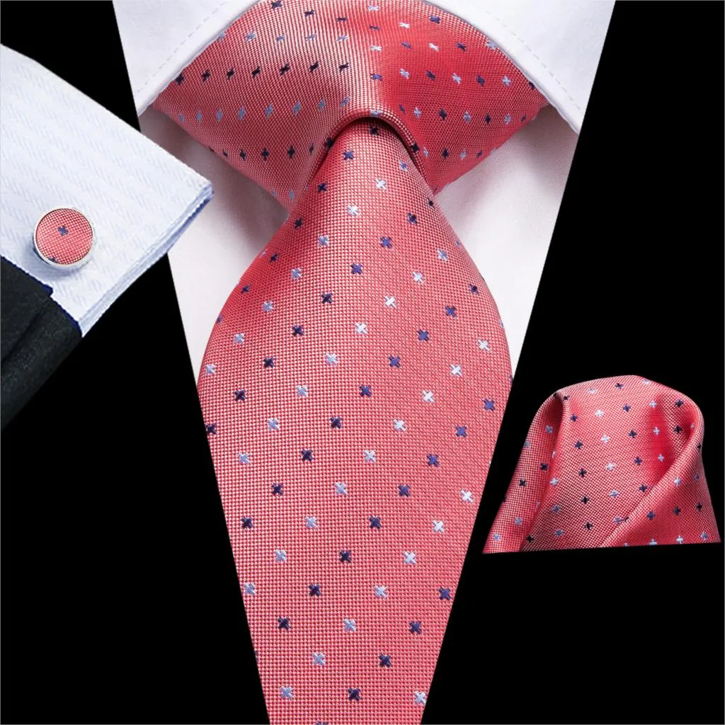Hi-Tie Navy Blue Red Dot Silk Wedding Tie For Men Hanky Cufflink Mens Gift Tie Set Business Party Dropshipping Fashion Designer